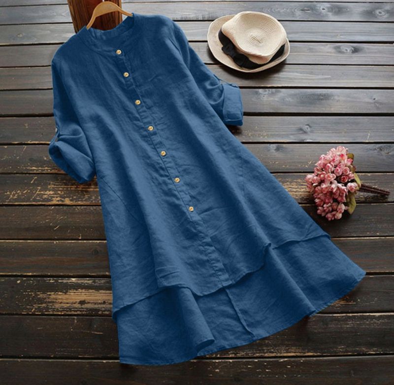 Women's Clothing Spring And Summer Solid Color Button Cotton And Linen Long Sleeve Long Shirt_voghion.com