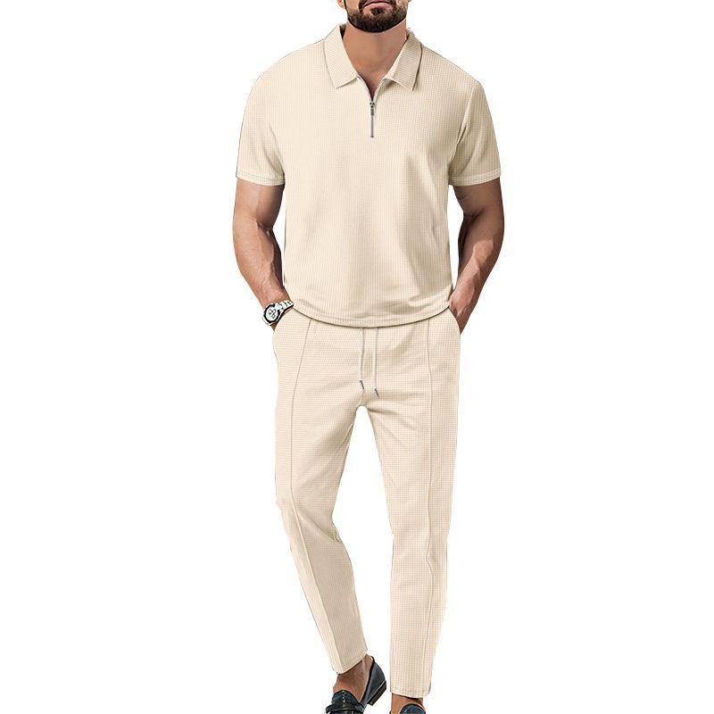 2025 Frühling und Herbst Neue Herren Einfarbig Anzug Waffel Kragen Kurzarm Zipper Lange Hosen Set_voghion.com
