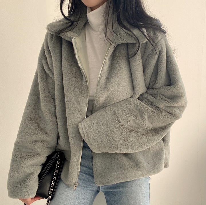 Women's lapel zipper plush feeling loose and versatile short style thickened long-sleeved coat for women_voghion.com