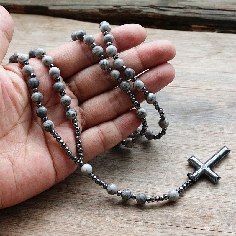 Vente chaude 6mm Lapis Lazuli Pierre Perle Hématite Pour Hommes Femmes Catholique Christ Chapelet Croix Pendentif Collier Dropshipping_voghion.com