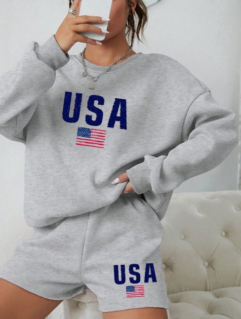 Felpa girocollo da donna, pantaloncini a maniche lunghe, tuta casual ampia, felpa con lettere e stampa a cuore, pantaloncini da tuta_voghion.com