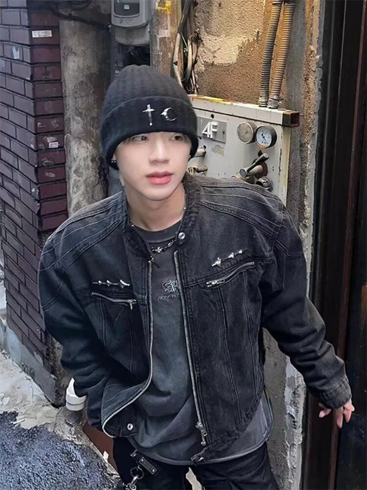 Herrenbekleidung Retro Distressed Washed Kurze Denim-Trainingsdesign-Schulterjacke_voghion.com