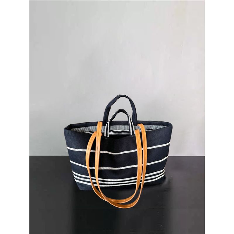 Denim Tote For Women, Large Capacity, Color-Block Striped, Casual Vacation Beach Handheld Canvas Bag, Shoulder Bag_voghion.com