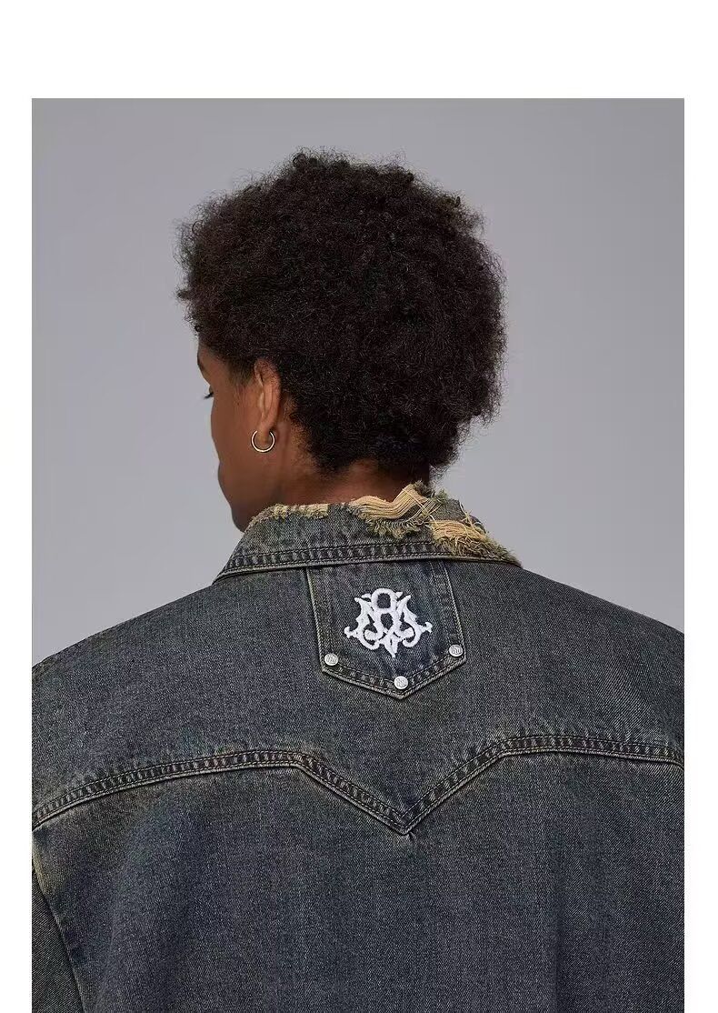 Chaqueta vaquera vintage lavada para hombre: abrigo motero extragrande de estilo urbano con efecto desgastado retro y diseño tie-dye._voghion.com
