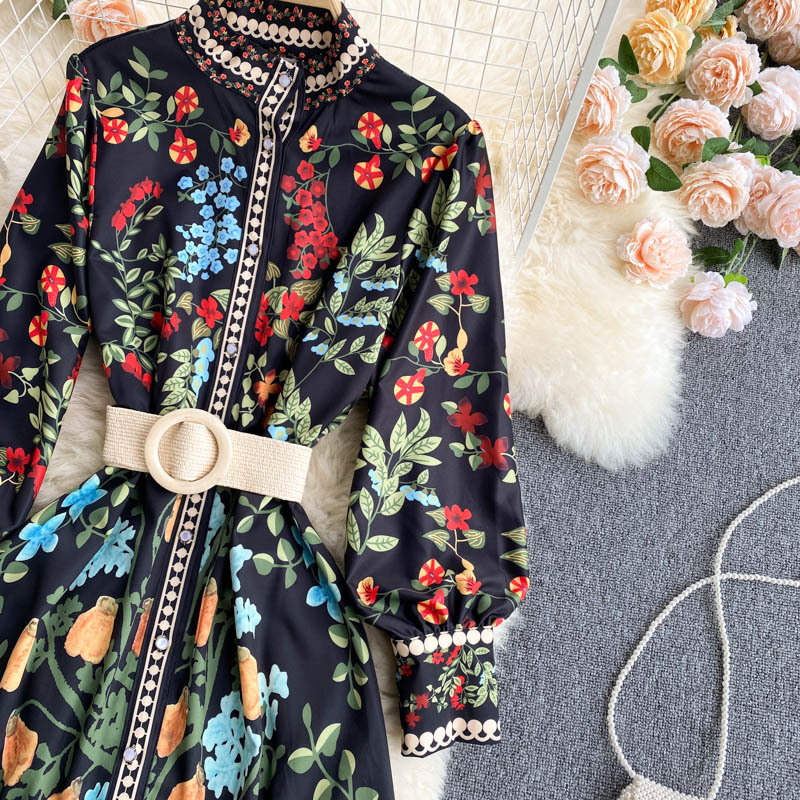 Abito da donna in stile palazzo retrò con cravatta in vita, girocollo, maniche lunghe, volant, gonna a trapezio in stile fata western_voghion.com