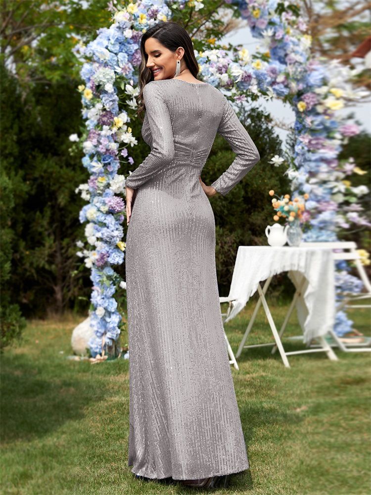 Abito da sera a sirena con scollo a V e maniche lunghe da donna_voghion.com