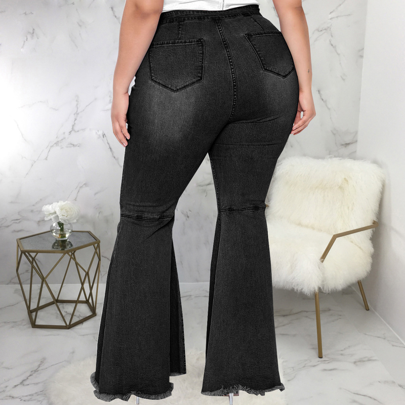 Vêtements pour femmes à la mode Slim Wide Leg déchiré trous grande taille Fat Mm Flared Jeans_voghion.com