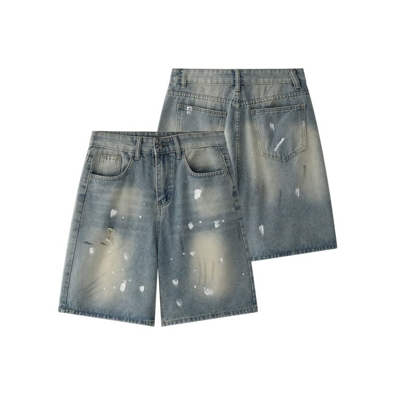 Streetwear Splatter Paint Denim Shorts – Vintage-Inspired Unisex 5-Inch Shorts With Belt Loops & Distressed Details (Hip-Hop Aesthetic)_voghion.com