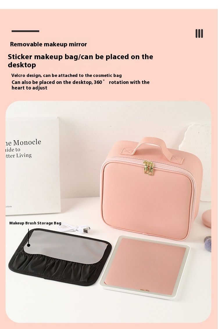 Large capacity makeup bag with light, mirror, detachable partition, cosmetic storage bag, handhd and portable for_voghion.com