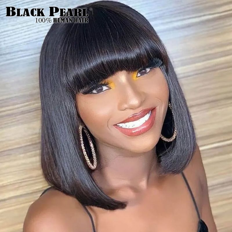 Venta caliente Pelucas cortas con flequillo recto Cabello humano brasileño Remy Peluca completamente hecha a mano para mujeres Peluca Bob sin pegamento_voghion.com
