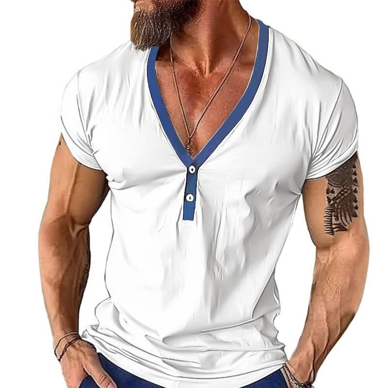 T-shirt Henley décontracté à manches courtes et col en V pour homme, haut à blocs de couleurs, été 2024_voghion.com