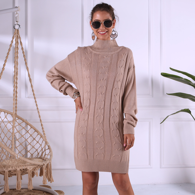 Women's loose turtleneck long sleeve twist knit sweater dress_voghion.com