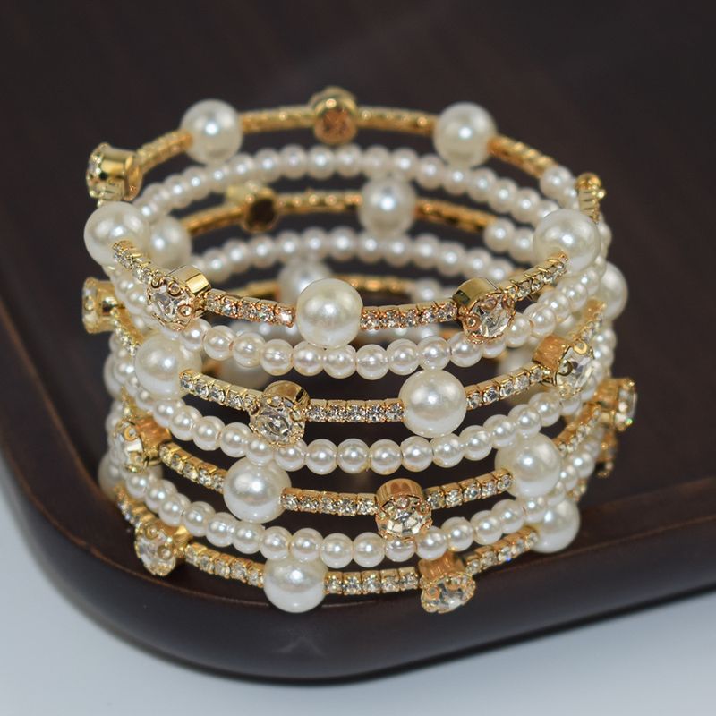 Ins Internet Celebrity Women Simple 3 Row Rhinestone Pearl Wrap Fashion Versatile Bangle Bracelet_voghion.com
