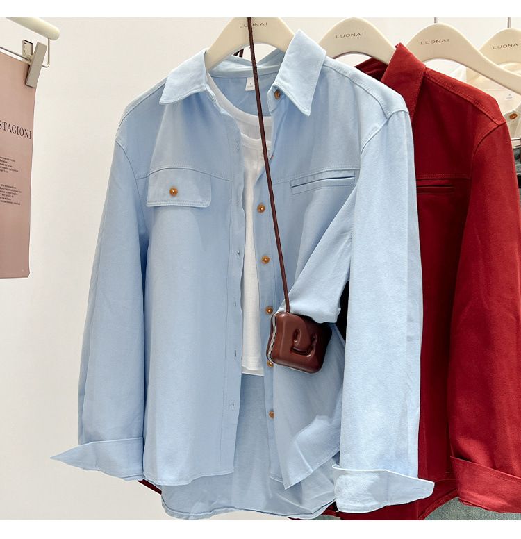 Oversized Denim Shirt Women Casual Long Sleeve Polo Collar Blouse, Flyaway Sleeves, Breathable Cotton Top For Work & Weekend (Blue/White/Red)_voghion.com