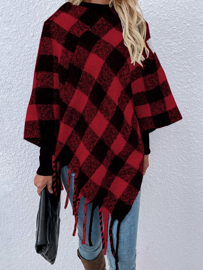 Maglieria da donna maglione a secchiello in pongee con scialle con frange a quadri mille uccelli_voghion.com