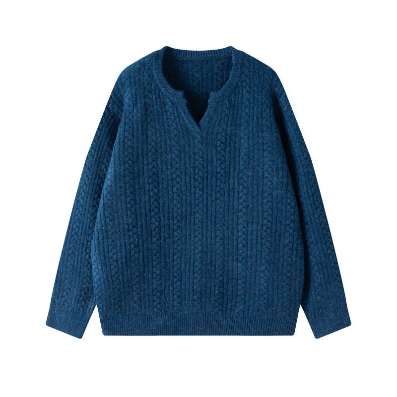 Men's Twisted Knit V-Neck Sweater Style Casual Pullover With Loose Fit, Solid Color For Autumn & Winter_voghion.com