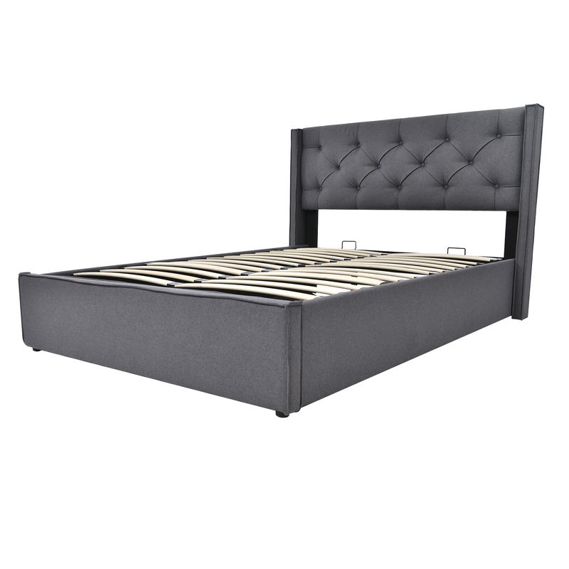 Cadre de lit coffre hydraulique avec sommier à lattes, lit double rembourré moderne 140 x 200 cm, tissu coton, gris, structure en métal_voghion.com
