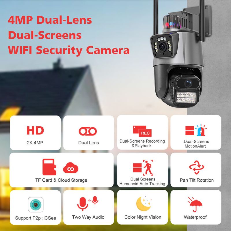 Dual-Lens PTZ Security Camera With Wi-Fi, Waterproof Outdoor Surveillance, HD Night Vision_voghion.com