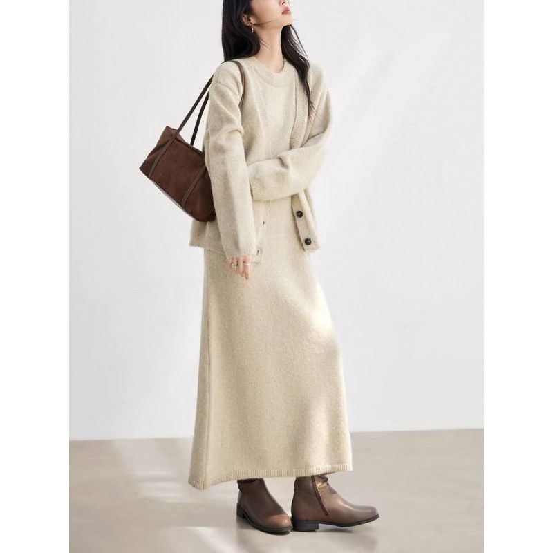 Lazy Style Two-Piece Sweater For Women, Autumn And Winter New Fashionable Elegant Knitted Cardigan, Mid-Length Dress Set_voghion.com