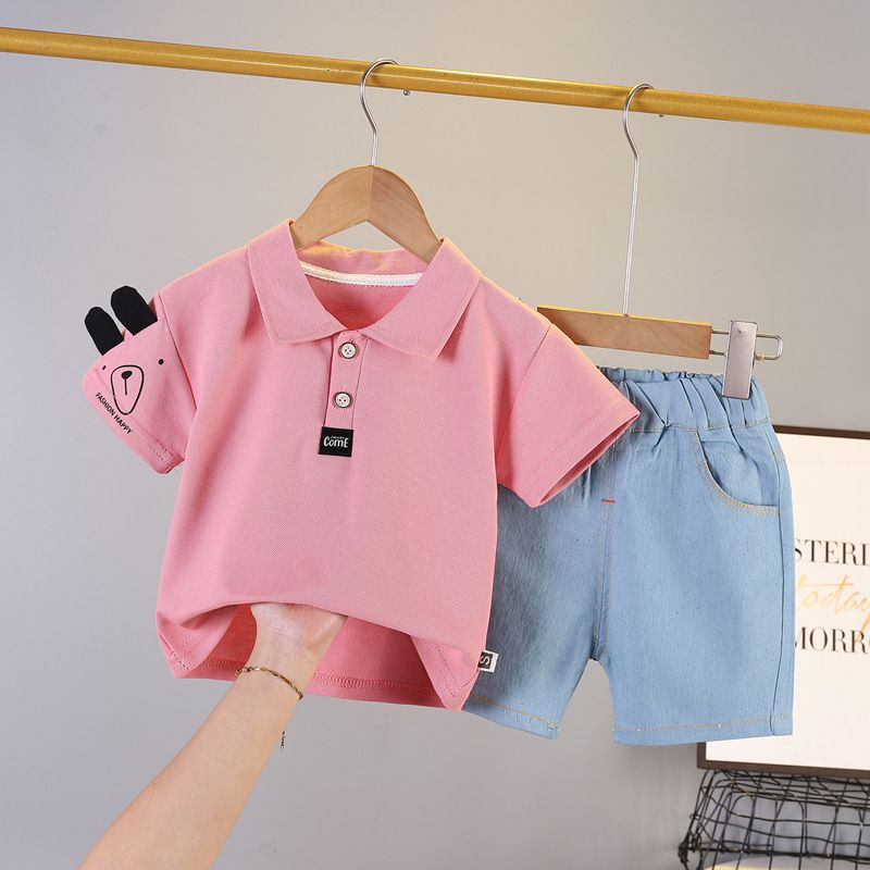 2024 Summer New Short sleeved with Polo Collar, Casual Cowboy Shorts, Two Piece Set for Boys and Girls_voghion.com