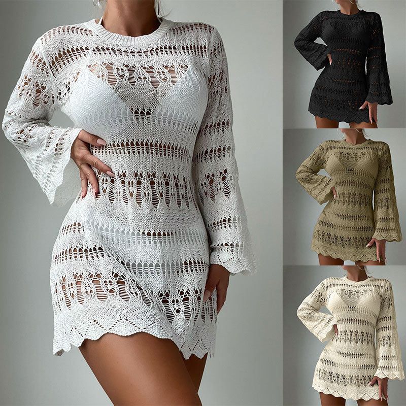 Kadın Giyim Plaj Örtüsü Hollow Mesh Uzun Kollu Güneş Korumalı Gömlek Tatil Bikini Örtüsü_voghion.com