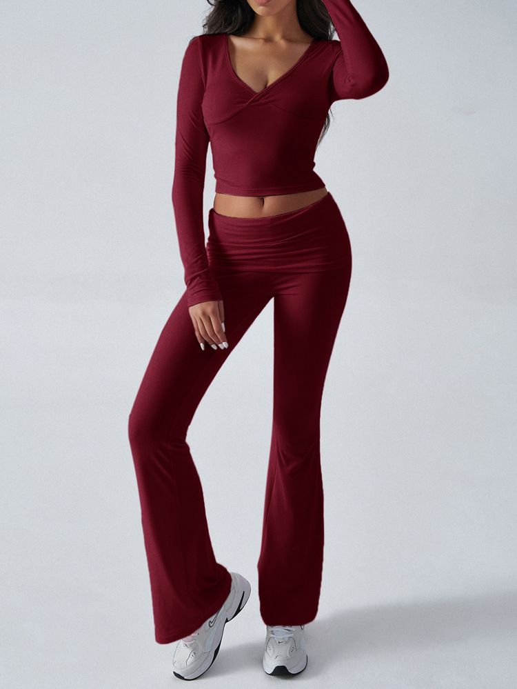 KaiKuo 2024 Automne Hiver Femmes Y2K Décontracté Sport Style Couleur Unie Haut Pantalon Évasé Ensemble 2 Pièces_voghion.com