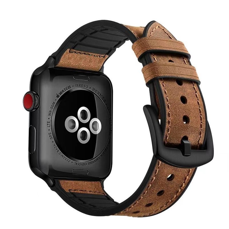 Correa vintage de piel auténtica para Apple Watch Series 9/8/7/6/Ultra - Fabricada a mano con base de silicona, ajuste ajustable, estilo clásico (tallas 38-49 mm)_voghion.com