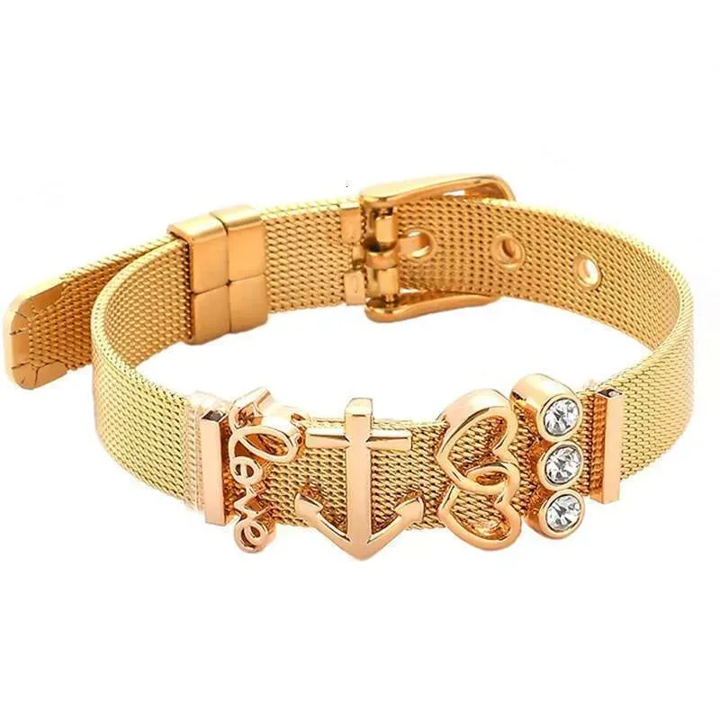 Fashion Stainless Steel For Woman Men Mesh Set Crystal Heart Anchor Charm Fine Bracelet Bangle Female Lover_voghion.com