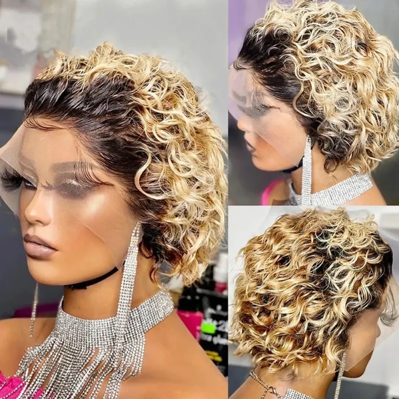 Ingwer-Perücke aus echtem Menschenhaar für schwarze Frauen, 13 x 1 Spitzenperücke, brasilianische Webart, kurze Pixie-Perücke, kurzes Haar, lockiger Bob, Spitzenfront_voghion.com