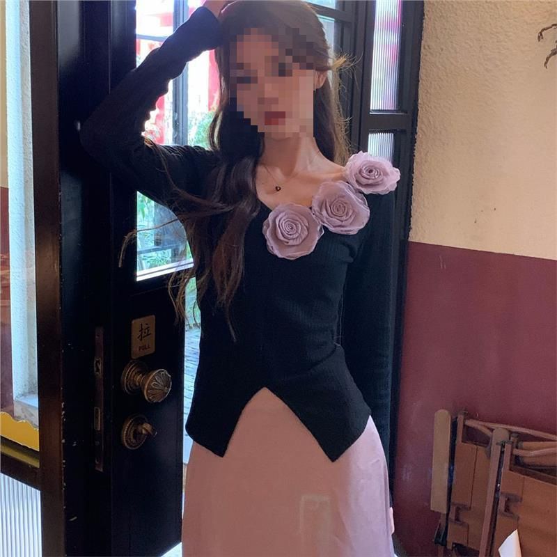 Nuovo elegante abito da donna alla moda con fiori di rosa, a vita alta, a mezza lunghezza, in maglia tridimensionale, autunno_voghion.com