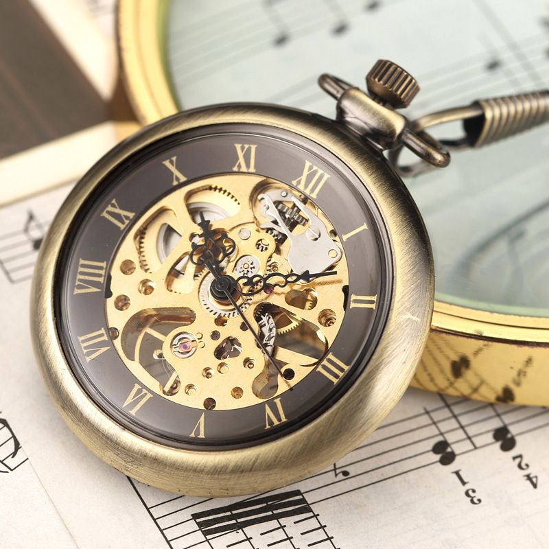 Vintage Bronze Skeleton Semi-Automatic Mechanical Pocket Watch - Classic Gift With World Time Feature, 35mm Dial, Stainless Steel Chain_voghion.com