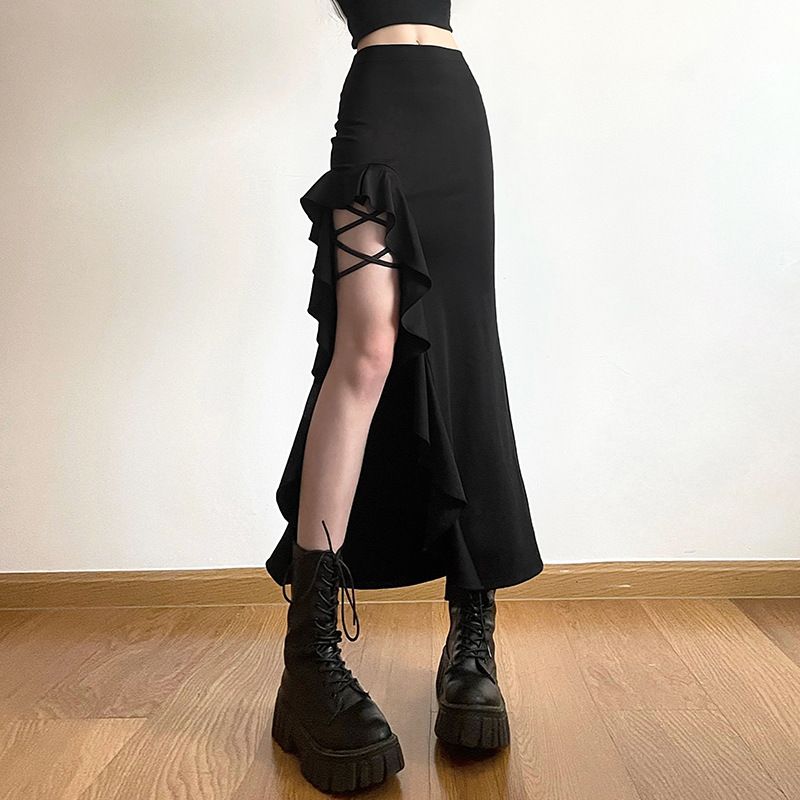 Abbigliamento da donna tinta unita gonna a fessura sull'anca con borsa a vita alta dimagrante moda di strada_voghion.com