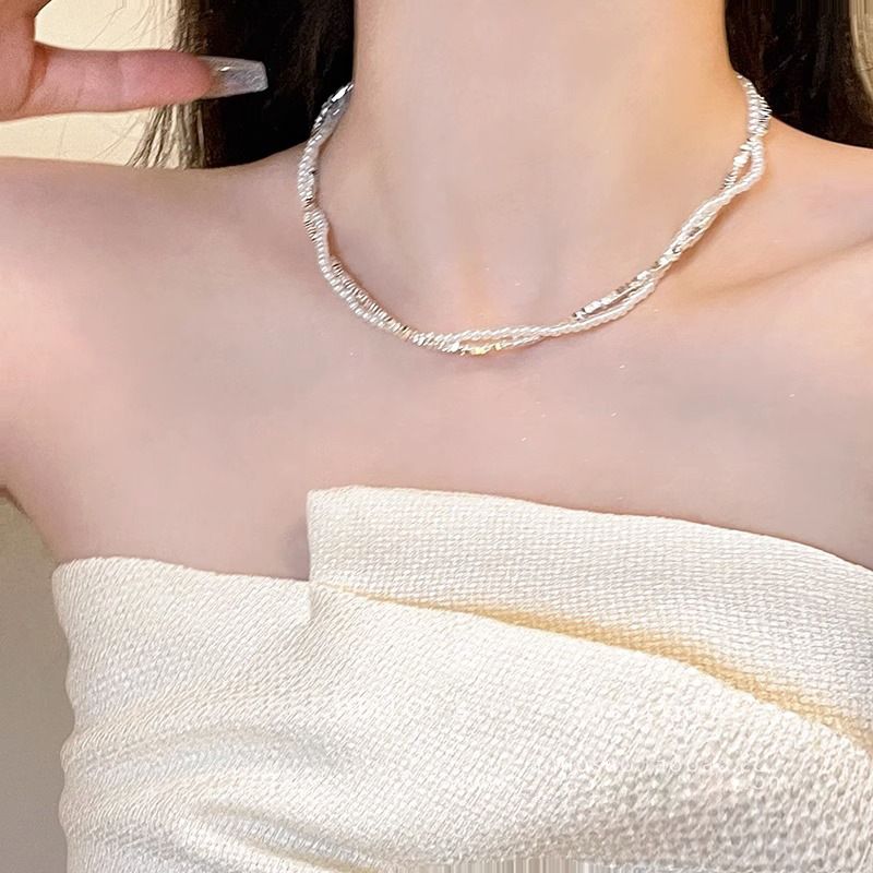 Colier dublu strat cu perle argintii rupte, nișă feminină, personalitate retro, simplu și versatil, colier cu temperament, lanț de claviculă_voghion.com