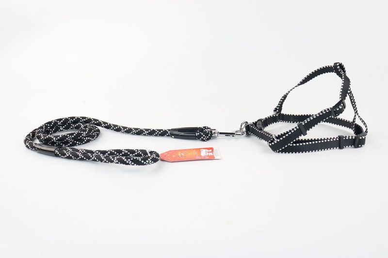 Solid Color Night Reflective Pet Leash Chest Harness Collar Set_voghion.com