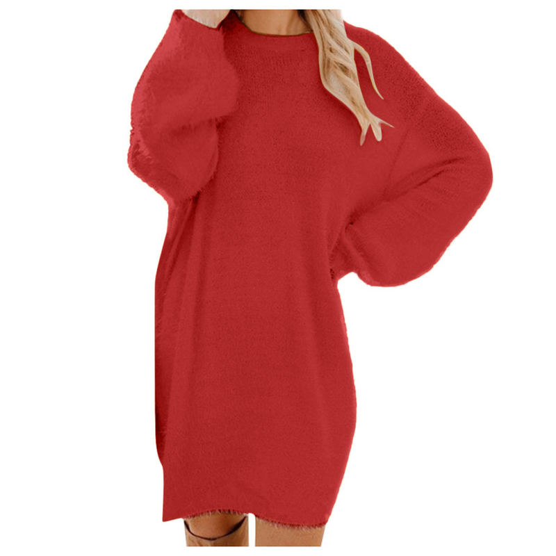 Robe ample en peluche mi-longue à manches longues et col rond pour femme automne/hiver 2023_voghion.com