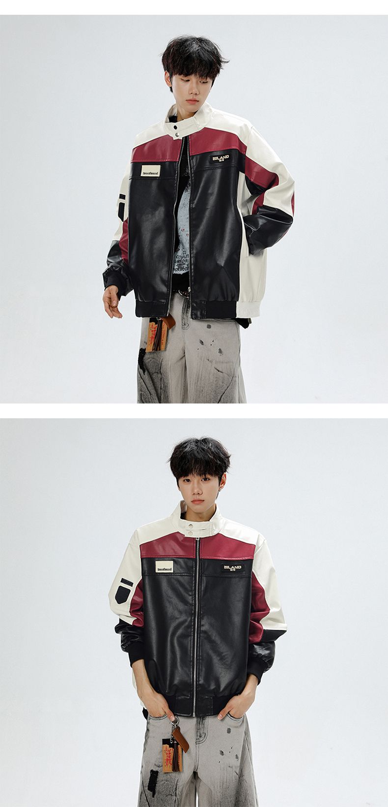 Combinaison de moto américaine en cuir PU pour homme, style automne, patchwork, col montant, style aviateur_voghion.com