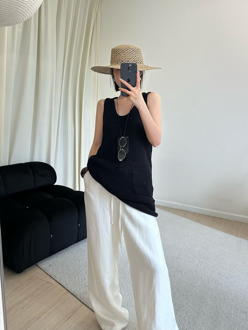 Atmungsaktive Hose aus Leinen-Baumwolle mit weitem Bein für Damen – Relaxed Fit Hose mit hoher Taille und geradem Bein und Kordelzug, lässige Loungewear für den Sommer in Weiß_voghion.com