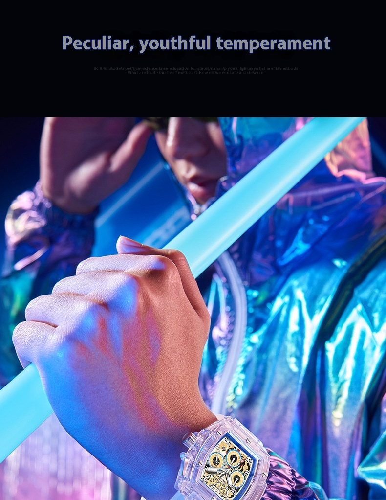 Orologio da uomo con nastro impermeabile al quarzo in plastica ONOLA/Orona con design a botte di vino trasparente_voghion.com