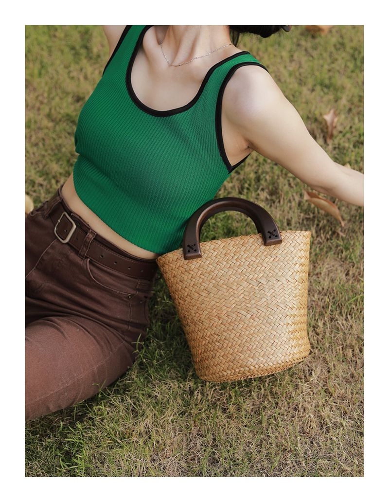 Plážová taška Vine Thai Grass, francouzská tkaná, kabelka, dřevěná rukojeť, velkokapacitní dámská taška_voghion.com