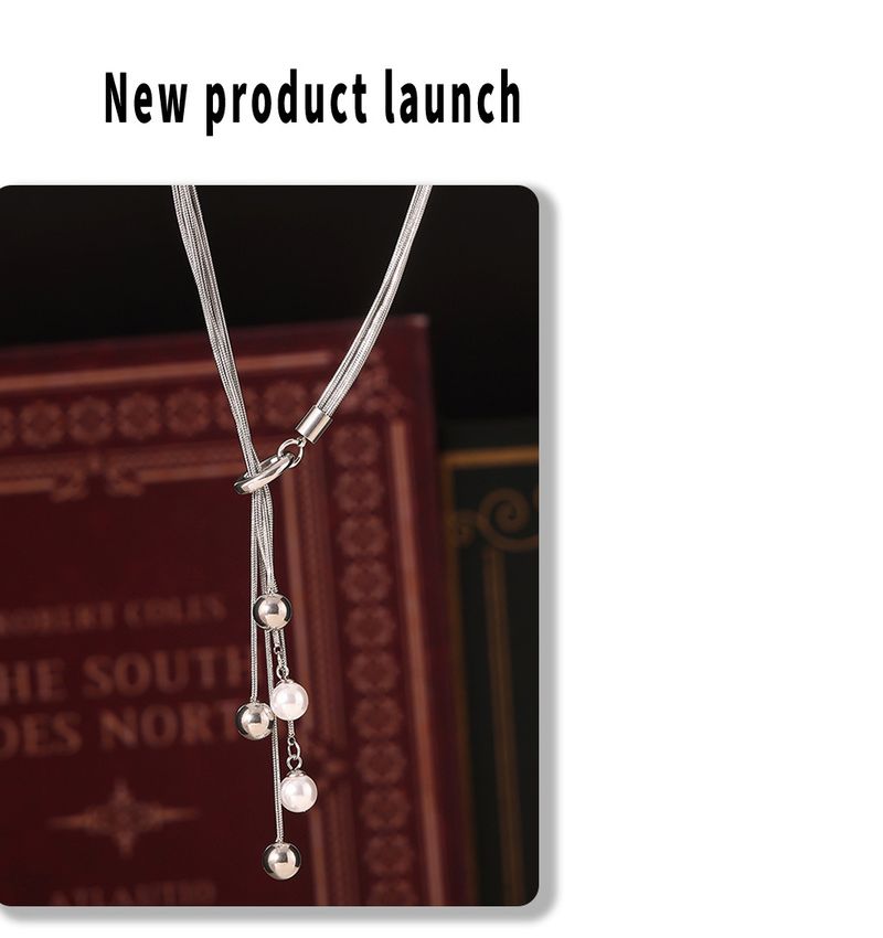 Personalized Multi-layer Chain Tassel Imitation Pearl Pendant Necklace With OT Buckle And Pull-out Stainless Steel Cool Style For Women_voghion.com