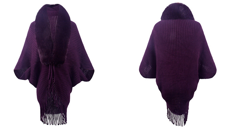 Knitted cape coat for women with fur collar fringe cape_voghion.com