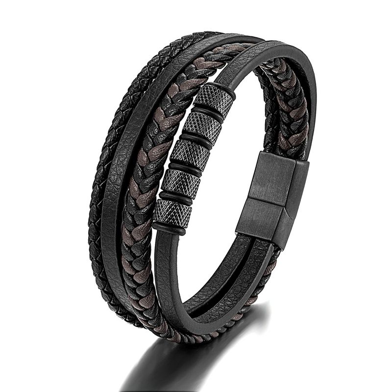 simple stainless steel leather rope bracelet popular multi layer black leather braided men's bracelet_voghion.com