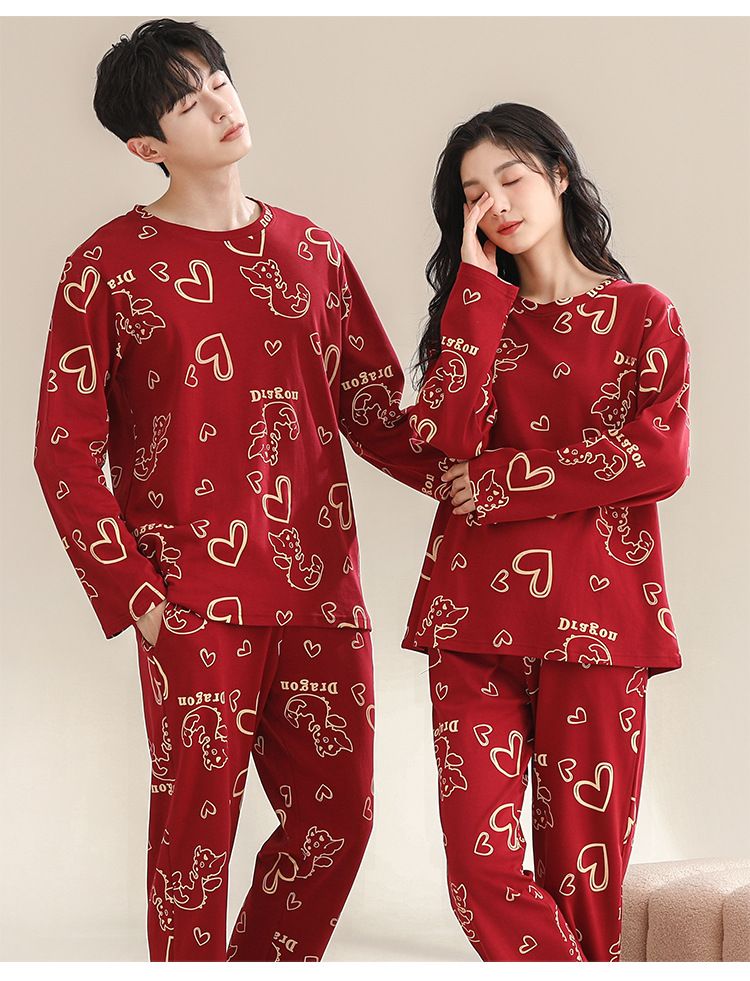 2024 Nuovo Pigiama Coppia Set Matrimonio Primavera Autunno Puro Cotone Manica Lunga Rosso Casa Vestiti Uomo e Donna Girocollo_voghion.com