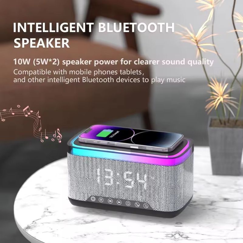 AEC S300 Portátil 10 W Potência Multifuncional Bluetooth Alto-falante Despertador Carregador Sem Fio (Branco)_voghion.com