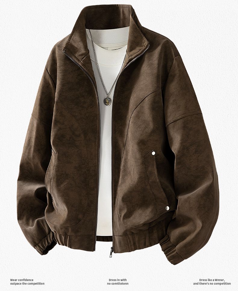 Giacca in pelle scamosciata effetto invecchiato da uomo Giacca vintage effetto pelle scamosciata effetto invecchiato - Cappotto in similpelle retrò con collo alto (grigio, nero, marrone)_voghion.com