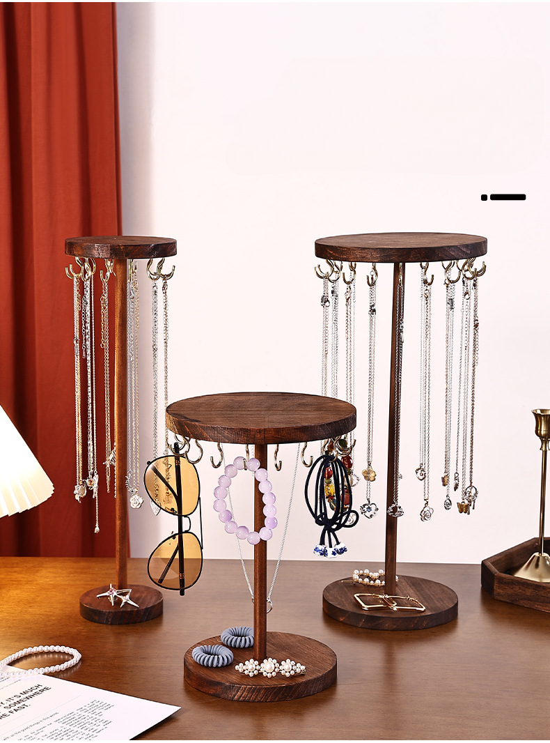 Walnut Color Creative Round Hook Necklace Display Sweater Chain Stall Live Streaming Jewelry Stand Solid Wood_voghion.com