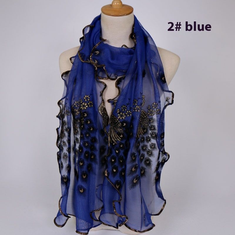 Peacock Plush Breathable Long Scarf With Gold Foil And Lace Edging For Women_voghion.com
