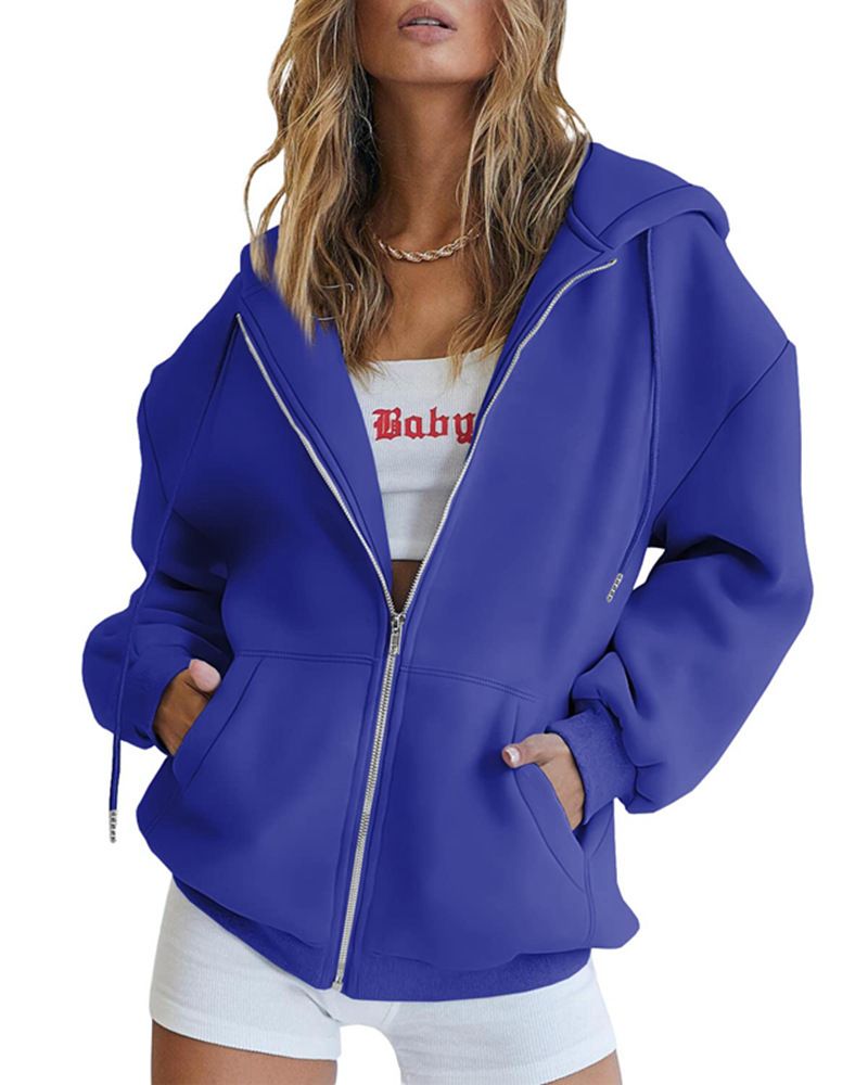 Women's Clothing Women's Cute Hooded Jacket With Drawstring - Oversized Zip-Up Sweatshirt For Teens & Girls - Cozy Fall Outerwear In Multiple Colors_voghion.com