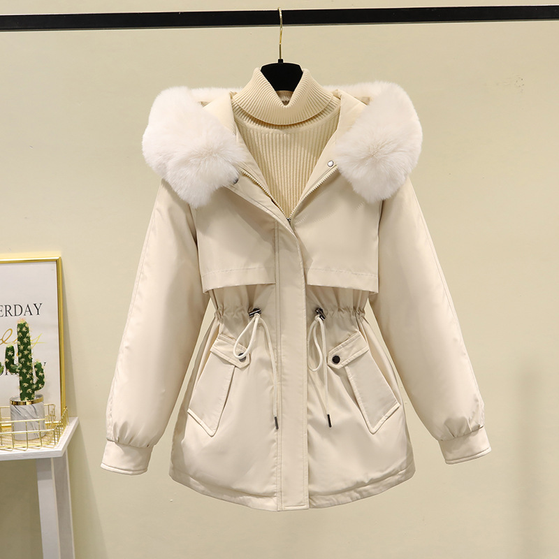 Women's drawstring cotton-padded coat in long plus cashmere pie to overcome cotton-padded jacket Korean version loose down winter coat_voghion.com