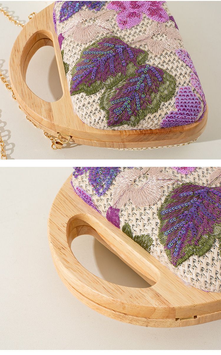 Pochette de soirée bohème en bois et osier avec tulle brodé et chaînette amovible, idéale pour les mariages bohèmes chics et les fêtes d'été._voghion.com
